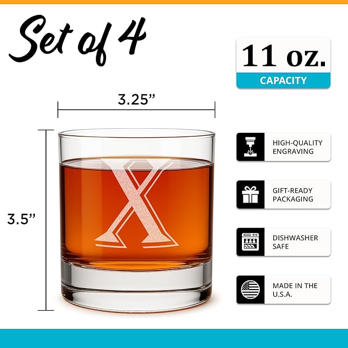 (X-Monogram)- 4 Piece Set of 11 Ounce Engraved Heavy Base Rocks Glasses- Quality Elegant Glass-Multi-Purpose Beverage-Rocks Glass- For any Occasion- By: On The Rox