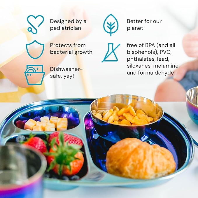 Ahimsa Stainless Steel Plates For Kids, Pediatrician Designed Divided Plates for Toddlers & Baby, Non Toxic, Unbreakable & Dishwasher Safe, Iridescent Blue Set of 4