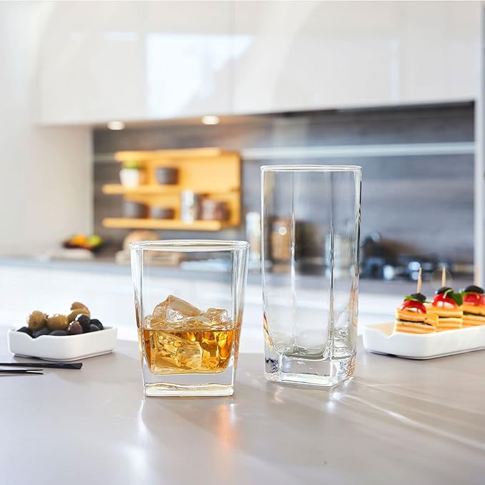 Everyday Drinking Glasses Set of 8 Drinkware Kitchen Glasses for Cocktail, Iced Coffee, Beer, Ice Tea, Wine, Whiskey, Water, 4 Tall Highball Glass Cups & 4 Short Old Fashioned.