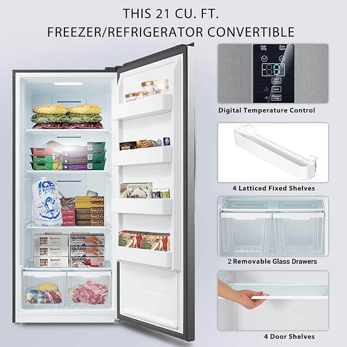 Smad 21 Cu.Ft. Upright Freezer, Stand Up Frost Free Freezer with LED Control Panel, Right Open Door, Door Ajar Alarm, Convertible Refrigerator/Freezer for Garage, Kitchen, Home, Stainless Steel