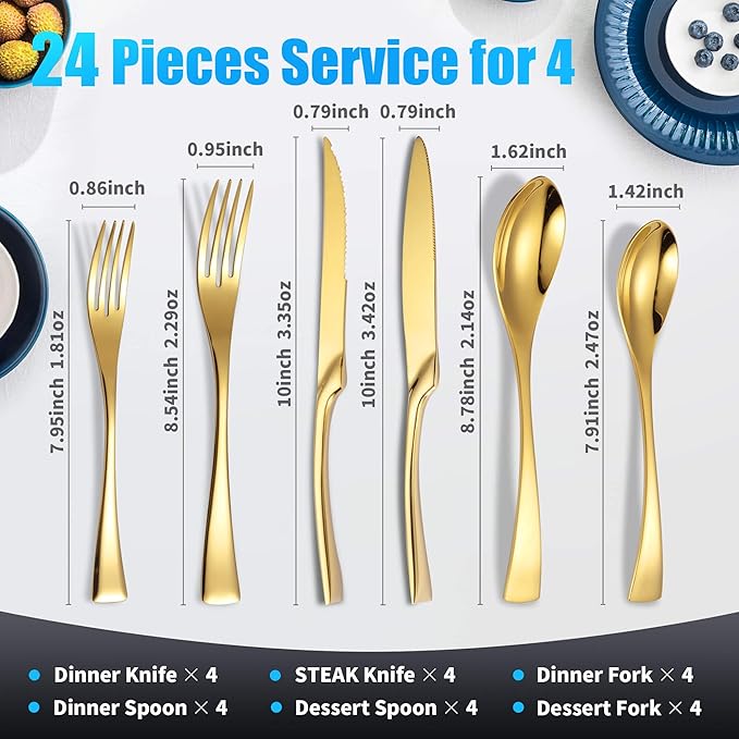 Lemeya 24-Piece Gold Silverware Set with Steak Knives,Forged 18/10 Stainless Steel Cutlery Set for 4,Modern Heavy Duty Flatware Utensils Set,Fork Spoon and Knives Set, Mirror Polished,Dishwasher Safe