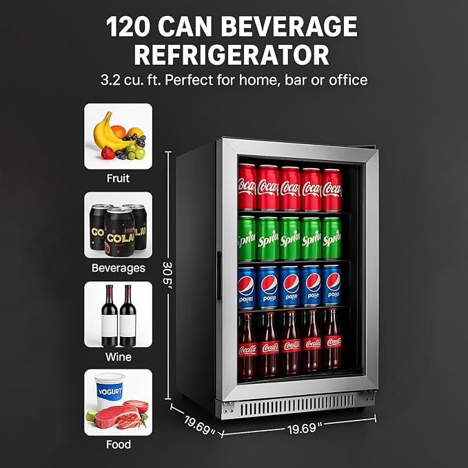 20 Inch Built-in Beverage Refrigerator with 7-Color LED Light, Compact 120 Can Under Counter or Freestanding Stainless Steel Drink Cooler Fridge with Glass Door for Soda & Beer