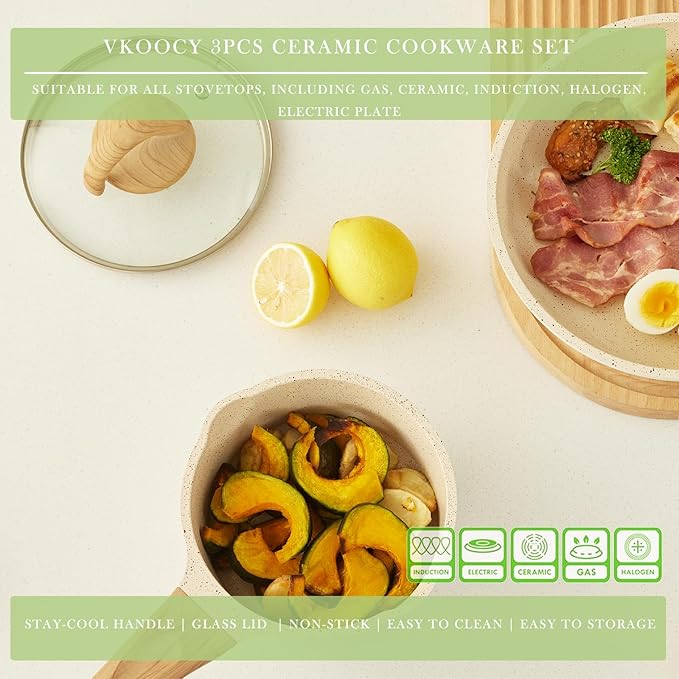 Pots and Pans Set Non Stick, Healthy Ceramic Cookware Set, 3pcs Kitchen Pots Frying Pan Saucepan, PFAS-Free, Pink