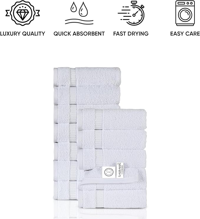 SALBAKOS 100% Turkish Cotton Washcloth Set of 12 13x13 inch | Heirloom Quality | Hotel & Spa Collection | Ultra Soft, Super Absorbent, Washcloth Towels | Made in Turkey (White, 12 Washcloths)