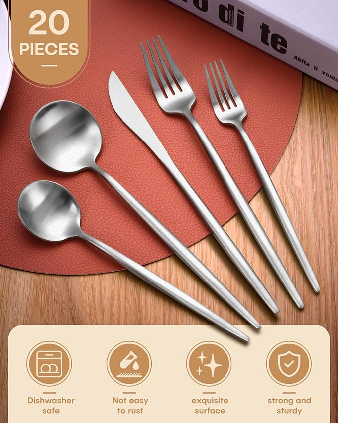 20 Pieces Silverware Set, Ollex Matte Flatware Set for 4, Stainless Steel Utensil set with Knives Forks and Spoons Dishwasher Safe Tableware Cutlery Set for Home Kitchen Restaurant Hotel