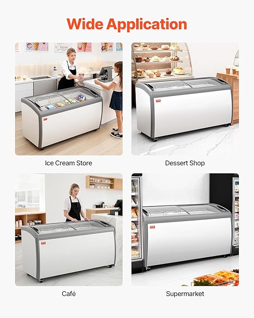VEVOR Commercial Ice Cream Display Case, 16.3 Cu.ft Chest Freezer, -19 to 3℉ Temp Adjustable Mobile Top Deep Freezer with 5 Wire Baskets, 2 Sliding Glass Doors, Locking Casters & LED Strip Lighting