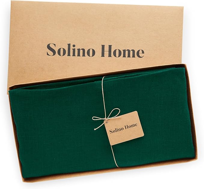 Solino Home Linen 60 Inch Round Tablecloth - 100% Pure Linen Green Round Tablecloth - Machine Washable Table Cloth for Winter, New Year - Sonoma