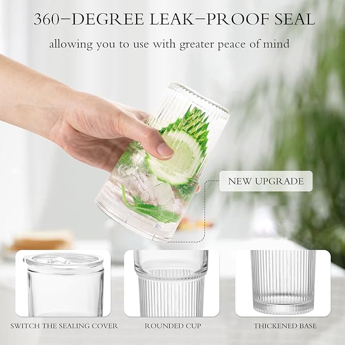 18.5oz Glass Cups with Lids and Straws – Single Reusable Tumbler, Thickened Shatter-Resistant Glass, Ideal for Iced Coffee, Smoothies, Cocktails, Juices – Elegant & Durable Drinkware