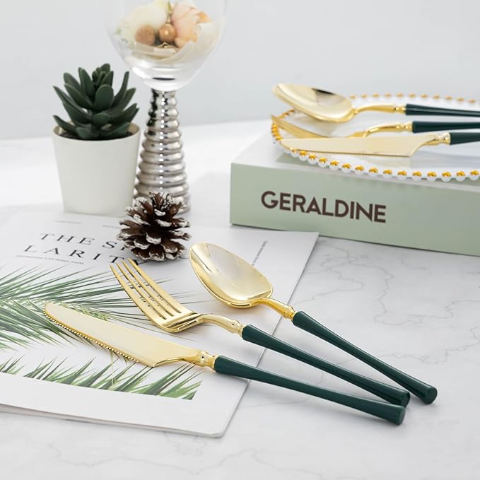 Lullaby 150pcs Gold Plastic Silverware, High End Disposable Cutlery with Dark Green Handle Include 50 Forks, 50 Spoons, 50 Knives, Elegant Silverware for Wedding, Party, Gathering and Daily Use