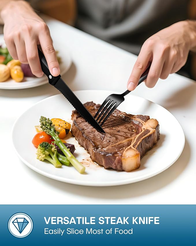 Stapava 24 Pcs Black Silverware Set with Steak Knives, Food-Grade Stainless Steel Flatware Set for 4 Mirror Polished Cutlery Utensil Sets Include Forks Spoons and Knives Set Dishwasher Safe