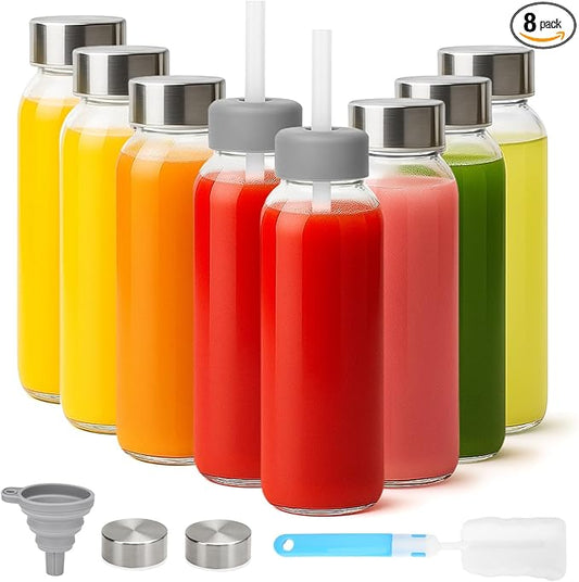 Zukro Glass Water Bottles with Lids & Straw 16 oz, 8 Pack Reusable Juice Bottles With Stainless Steel Cap for Juicing, Leak Proof Clear Smoothie Drinking Jars Beverages Containers, BPA Free