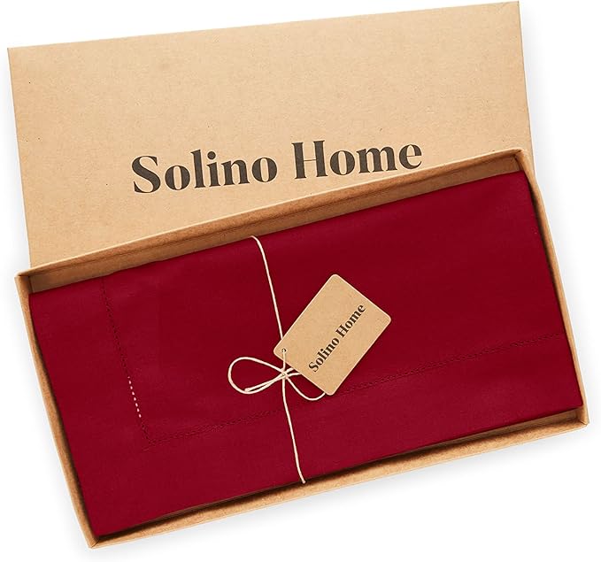 Solino Home Red Tablecloth 52 x 52 Inch - Cotton Linen Hemstitch Square Tablecloth - Machine Washable Table Throw for Winter, Valentines, Holiday, New Year