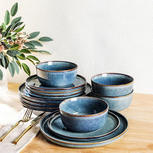 AmorArc Ceramic Dinnerware Sets for 4,Round Reactive Glaze Stoneware Plates and Bowls Set,Highly Scrath Resistant Dishware | Dishwasher & Microwave Safe Dishes Set,Service for 4 (12pc)