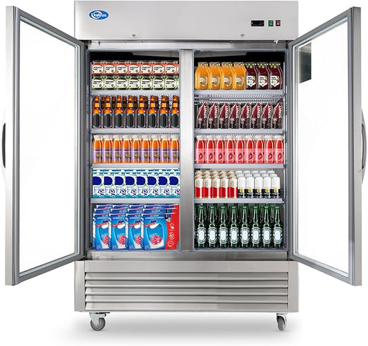 49Cu.Ft Commercial Refrigerator Merchandiser, 54" Display Refrigerator with 2 Glass Doors, Upright Fridge Stainless Steel Cooler with LED Lighting for Restaurant Kitchen