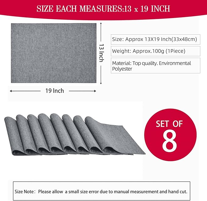 Cloth Place Mats Set of 8–Reusable Rectangular Waterproof Fabric Polyester Washable Wipeable Heat Resistant Linen for Kitchen Dining Dinner Restaurant Wedding Table(Gray/13x19 Inch)