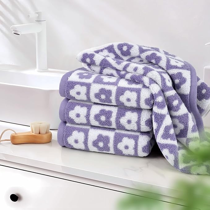 Jacquotha Cotton Hand Towels Lilac Checkered Floral - Quick Drying Hand Towel Set of 4, for Women Girls Bathroom Decor, 29” x 13”