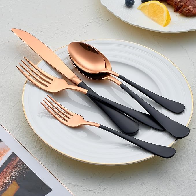 20-Pieces Rose Gold and Black Silverware Sets for 4,Black Handle Stainless Steel Cutlery Set, Include Forks Spoons and Knives Set, Dishwasher Safe Utensil Sets for Home Restaurant