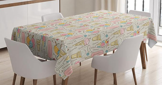 Ambesonne Dessert Tablecloth, Ice Cream and Bonbons Eating and Food Themed Polka Dots on The Background, Rectangular Table Cover for Dining Room Kitchen Decor, 60" X 84", Pink Beige