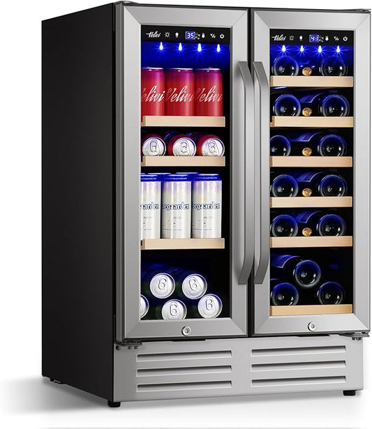 24 Inch Beverage Refrigerator Undercounter, Dual Zone Wine and Beverage Cooler, Large Capacity for Beer Wine Drink with Built-In Warm Light, Ideal for Home Kitchen Bar Office