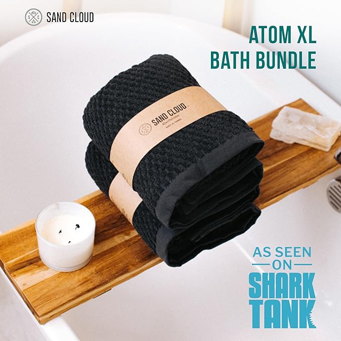 Sand Cloud Turkish Bath Towels for Bathroom, Set of 2 (Atom Black, Large) - Luxury Soft Linen Turkish Organic Cotton is Luxurious & Absorbent - Premium Shower & Bathroom Towels Dry Faster