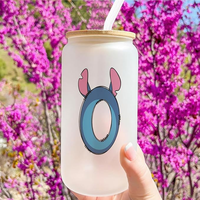 Cute Cartoon Lover Gifts Initial A-Z Personalized Iced Coffee Cup Cartoon Merch 16oz Glass Cup with Lid and Straws Birthday Christmas Gifts for Women Teen Girls Fans (Letter O)