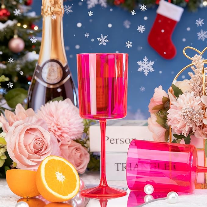Ciaell 12 Pack Plastic Wine Glasses - 10Oz Hot Pink Plastic Wine Glasses With Stem - Disposable Stemmed Cups for Parties & Weddings