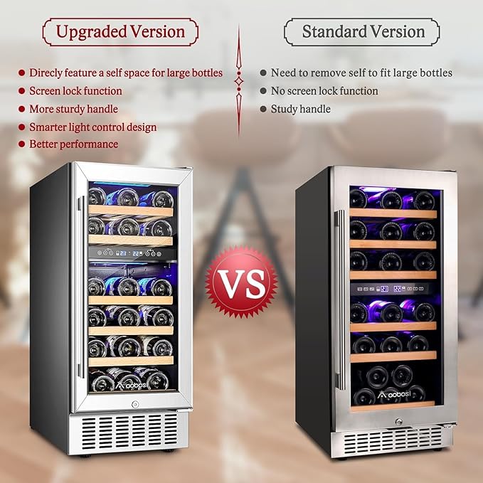 AAOBOSI 15 Inch 28 Bottles Wine Fridge,41-68°F Dual Zone Wine Cooler, Visualized Temperature Regulation, Designed For Large Wine Bottles, 5 Adjustable Shelves,Temperature Memory Function