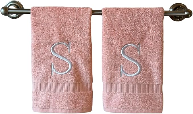 Pink Initial Hand Towel for Bathroom - Monogrammed Luxury Hotel Quality Decorative Embroidered Towel for Powder Room, Spa - GOTS Organic Certified - Set of 2 Letter S