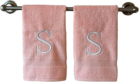 Pink Initial Hand Towel for Bathroom - Monogrammed Luxury Hotel Quality Decorative Embroidered Towel for Powder Room, Spa - GOTS Organic Certified - Set of 2 Letter S