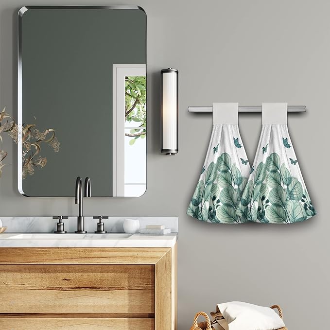 Green Leaf Hand Towels Eucalyptus Plant Hanging Kitchen Towels 2 Pcs Soft Dish Cloth with Loop Tie Towels for Bathroom Laundry Gym