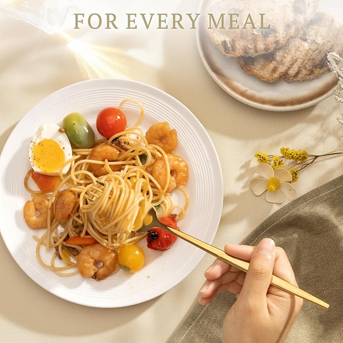 Astercook Silverware Set 48-Piece Gold Flatware Set with Steak Knives Food-Grade Stainless Steel Cutlery Set for 8 Mirror Polished Utensils Set Include Spoons and Forks for Home Kitchen Restaurant