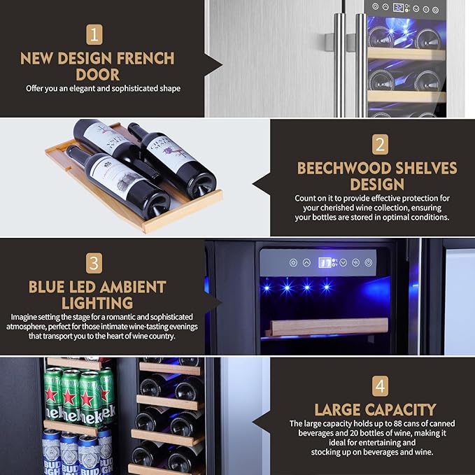 Wine and Beverage Refrigerator, 24 Inch Stainless Steels Beverage Fridge Dual Zone, Wine Beverage Cooler Built-in or Freestanding with Upgraded Cooling, 20 Bottles and 88 Cans Large Capacity