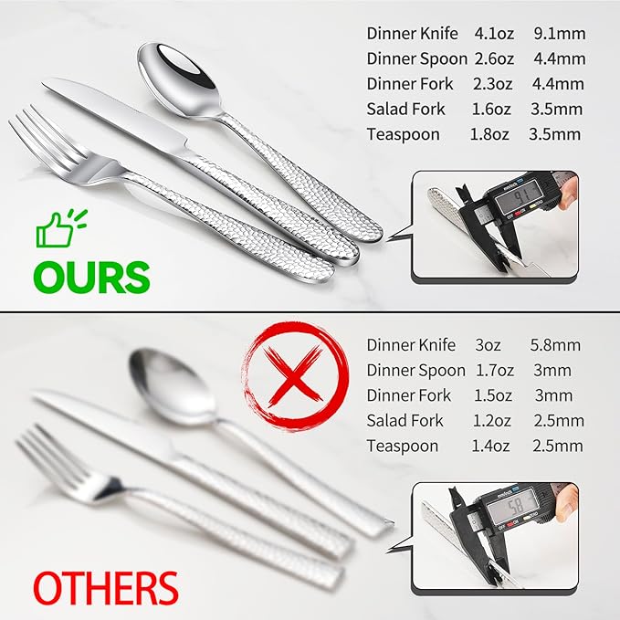 Hammered Silverware Set, 40-Piece Heavy Duty Stainless Steel Flatware Sets for 8, Food-Grade Cutlery Set for Home Restaurant, Mirror Polished, Dishwasher Safe