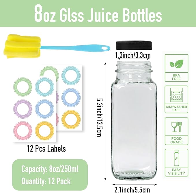 12 pack 8 oz Glass Juice Bottles with Lids, Reusable Glass Water Bottles, 250 ml Juice Containers Drinking Jars with Brush, Drink Jars for Milk, Juicing, Kombucha, Ginger