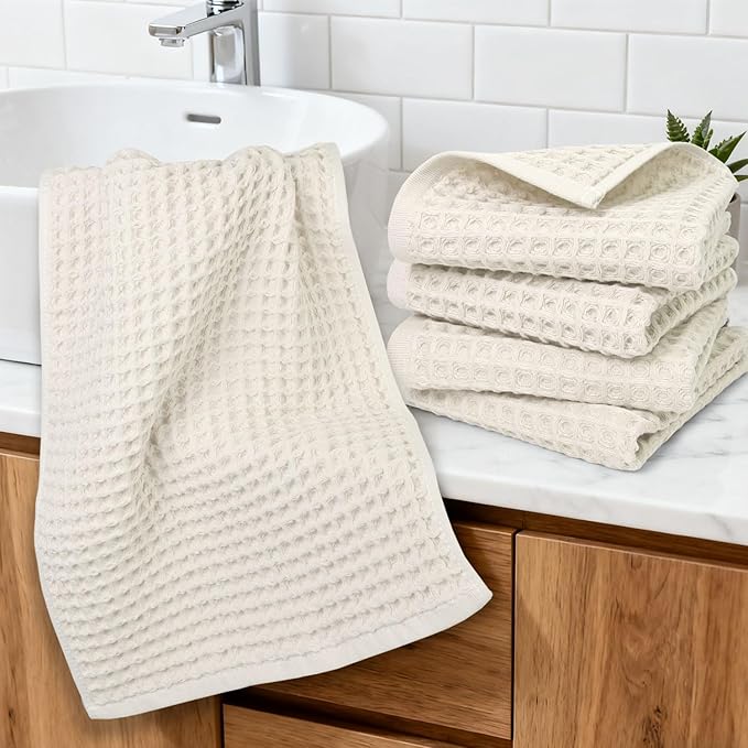 Jacquotha Waffle Hand Towels 5-Piece (Mist White) – Cotton, Quick Dry, Lint Free, 13” x 29”