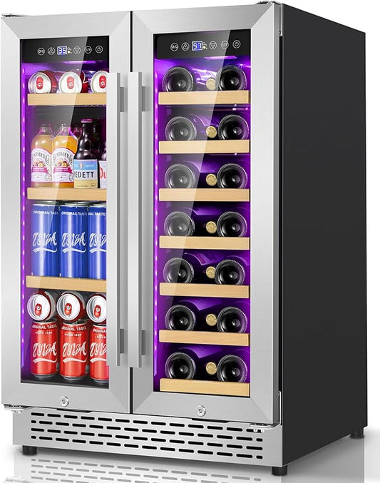 3 LED Wine and Beverage Refrigerator, 90 Can & 21 Bottle Dual Zone Stainless-Steel Wine Beverage Cooler, 24 Inch Built-In or Freestanding Wine and Drink Fridge Fast Cooling for Home/Kitchen