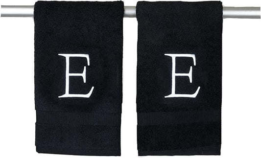 Black Monogram Hand Towel for Bathroom - Monogrammed Initial Hotel Quality Decorative Embroidered Luxury Towel for Powder Room, Spa - GOTS Organic Certified - Pack of 2 - Letter E
