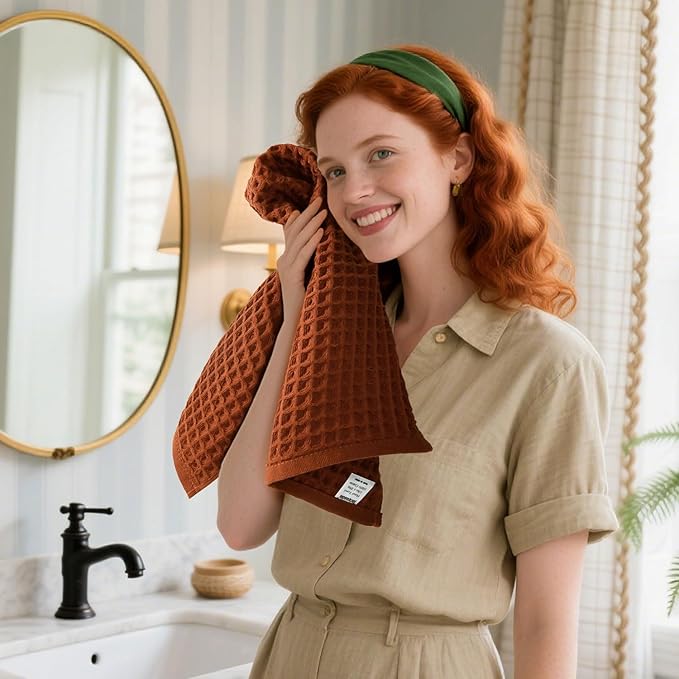 Jacquotha Waffle Hand Towels for Bathroom Kitchen Decor 2-Piece (Rust) – Cotton Quick Dry, Super Soft, Absorbent Kitchen Towels, 13x29”