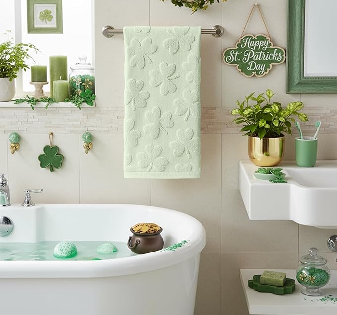 Artoid Mode 1 Pc Light Green 3D Shamrock Jacquard Patrick Hand Towels for Bathroom, 100% Cotton Soft Absorbent Bathroom Decor Towels, 13.7 x 29.5 Inch