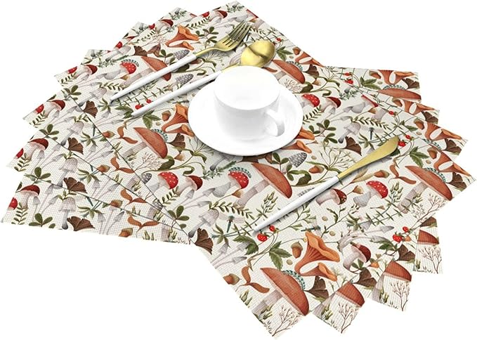 Boho Mushroom Decor Placemats Set of 4, Botanic Plant Beige Table Mats Heat Resistant Washable Placemat for Kitchen Dining Table Cute Placemats Linen 12x18 Inch