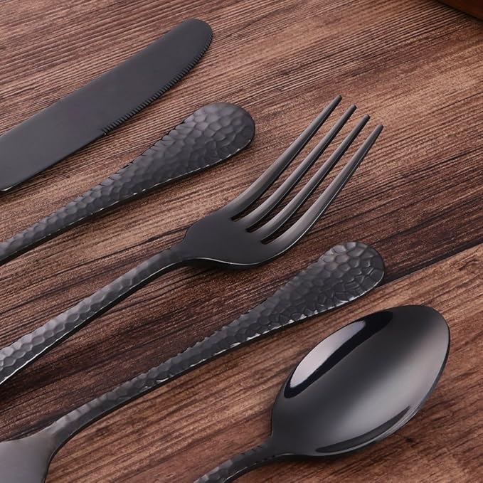 5-Piece Black Silverware Flatware Set Service for 1 Stainless Steel Cutlery Set Include Dinner Knife Table Fork Table Spoon Salad Fork Tea Spoon for Wedding, Dishwasher Safe