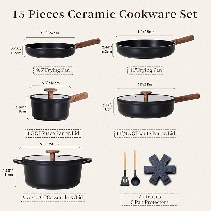 JEETEE Ceramic Cookware Set, 15 PCS Pots and Pans Set Non Stick with Removable Handles, Non Toxic Induction Kitchen Cookware Sets, Dishwasher/Oven Safe PFAS/PFOA Free Black