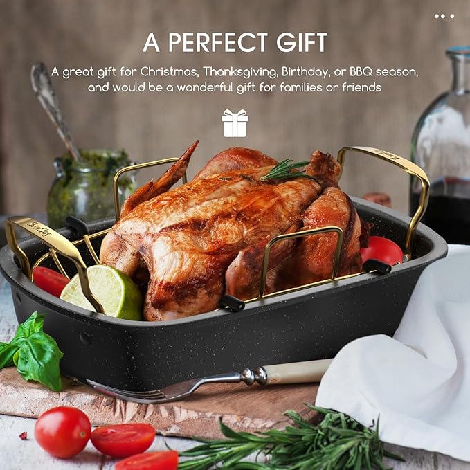 Nonstick Roasting Pan with Rack, 17" x 13" Large Turkey Roaster Pan, Oven Roasting Pan, Roaster Pan for Turkey, Chicken, Vegetable, Gold & Black