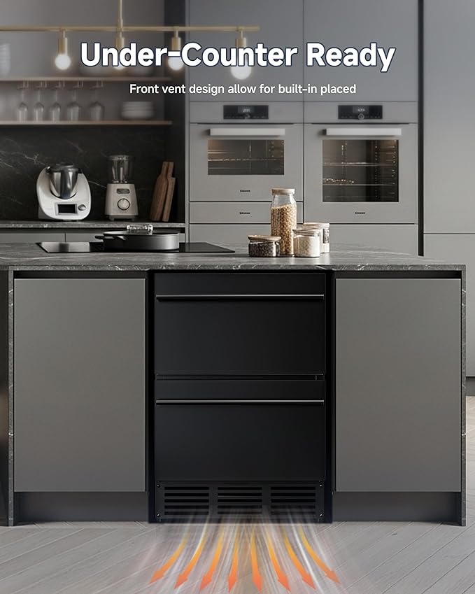 24 Inch Under Counter Fridge, Outdoor Refrigerator with Dual Drawers, Stainless Steel Door, Fast Cooling, Low Noise, Grid Organizers, Drawer Fridge for Home, Outdoor & Commercial (Black)