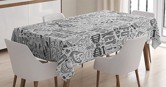 Ambesonne Outer Space Tablecloth, Doodle Pattern with Astronauts Satellite Rocket Spaceship Spacecraft Planets, Dining Room Kitchen Rectangular Table Cover, 60" X 84", White Black