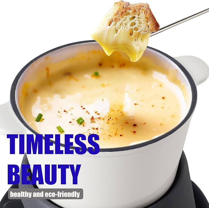 Artestia Cast Iron Fondue Pot Set for Chocolate Cheese Swiss Fondue Set for Meat with 6 Fondue Forks, Cheese Camping Fondue Set Serve 6 Persons(White)