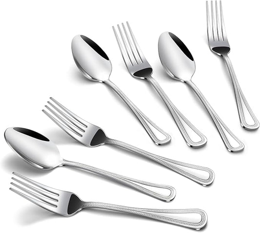 24 PCS Spoons and Forks Set, Food Grade Stainless Steel with Pearl Dot Design Handle Silverware Set, Mirror Polished Dishwasher Safe, Silverware Forks and Spoons for Home or Restaurant