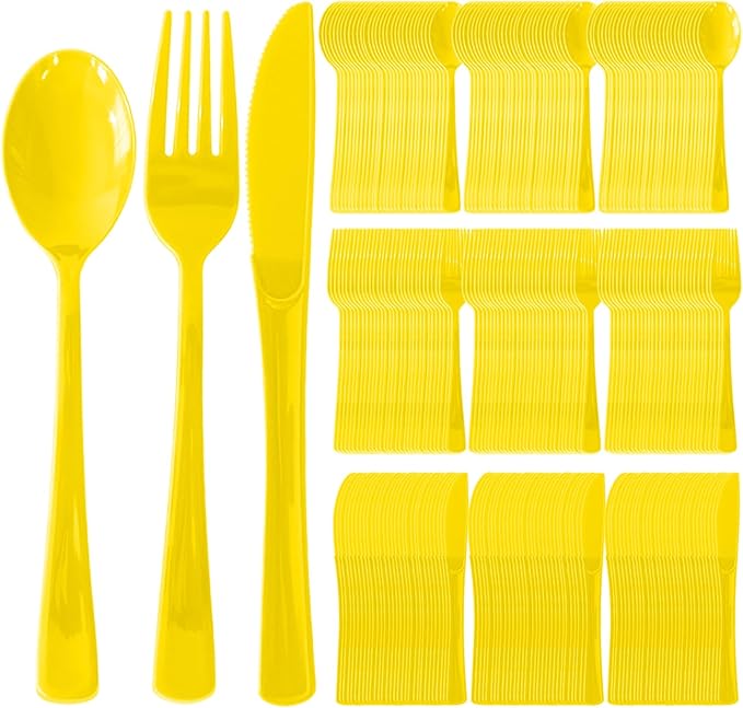 300 Pack Disposable Plastic Silverware, Heavy Duty Yellow Plastic Cutlery Set Includes 100 Forks 100 Knives 100 Spoons for Birthday Wedding Party Picnics (300, Yellow)