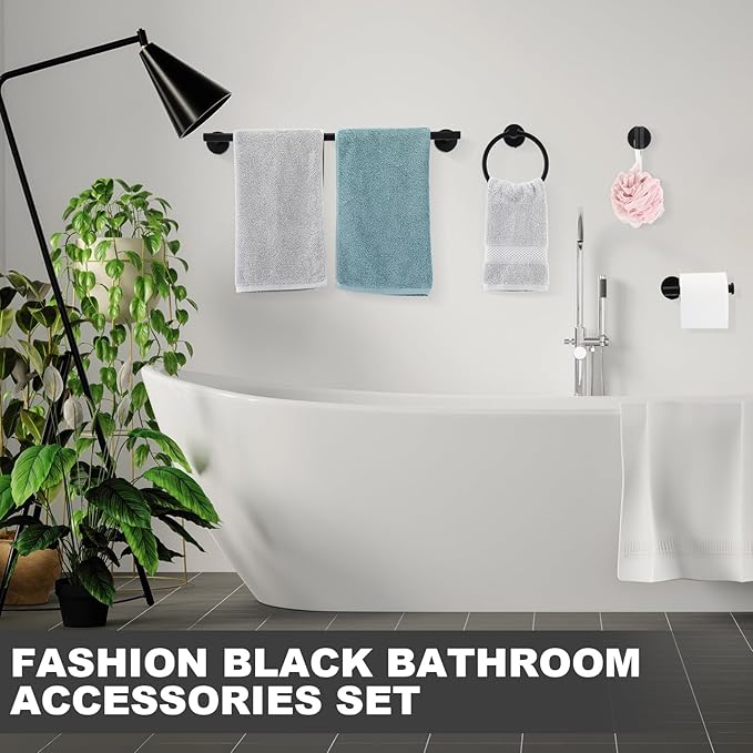 Gisafai 20 Pcs Bathroom Hardware Set, 23.6 Inch Brushed Towel Bar Ring Toilet Paper Holder Robe Towel Hook, Sus304 Stainless Steel Bathroom Accessory Set Wall Mounted (Black)