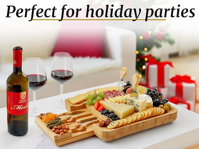 Zulay Kitchen Premium Bamboo Cheese Board Set - Extra Thick Bamboo Charcuterie Board Set with 4 Piece Knife Set - Wooden Cheese Board, Perfect for Charcuterie, Wine & Cheese - Charcuterie Gift Set